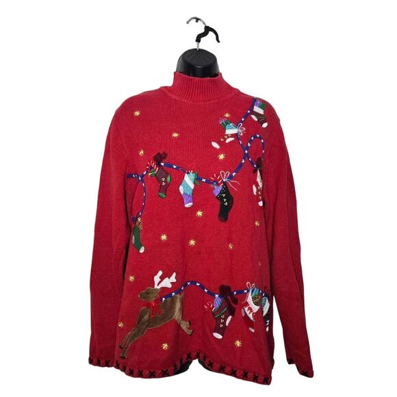 Vintage Basic Editions Holiday Sweater Size Large Red Christmas Reindeer Stockin - Picture 1 of 6